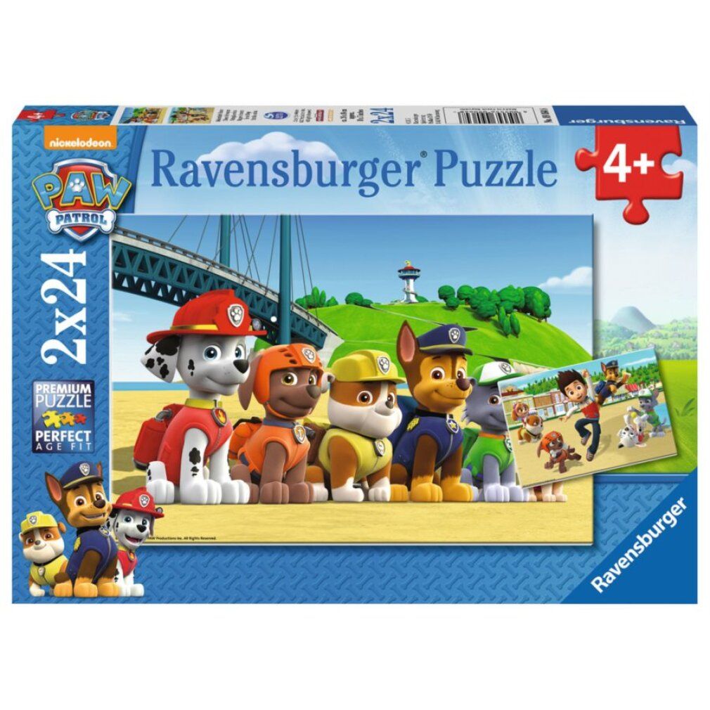 Scatola puzzle Paw Patrol. Stampa: 2x24 pezzi, Ravensburger Puzzle, 4+. I personaggi di Paw Patrol sono raffigurati davanti a un paesaggio.