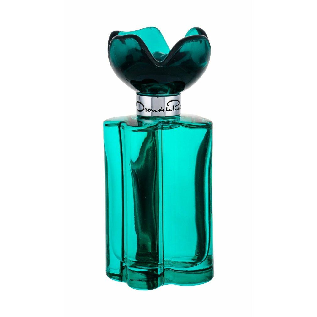 Profumo verde in flacone rettangolare con tappo a forma di fiore. Scritta: Oscar de la Renta. Flacone con collo argentato.