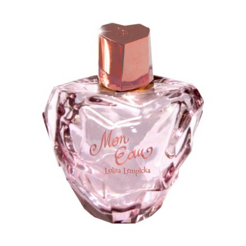 Flacone rosa con tappo dorato e scritta "Mon Eau" e "Lolita Lempicka".
