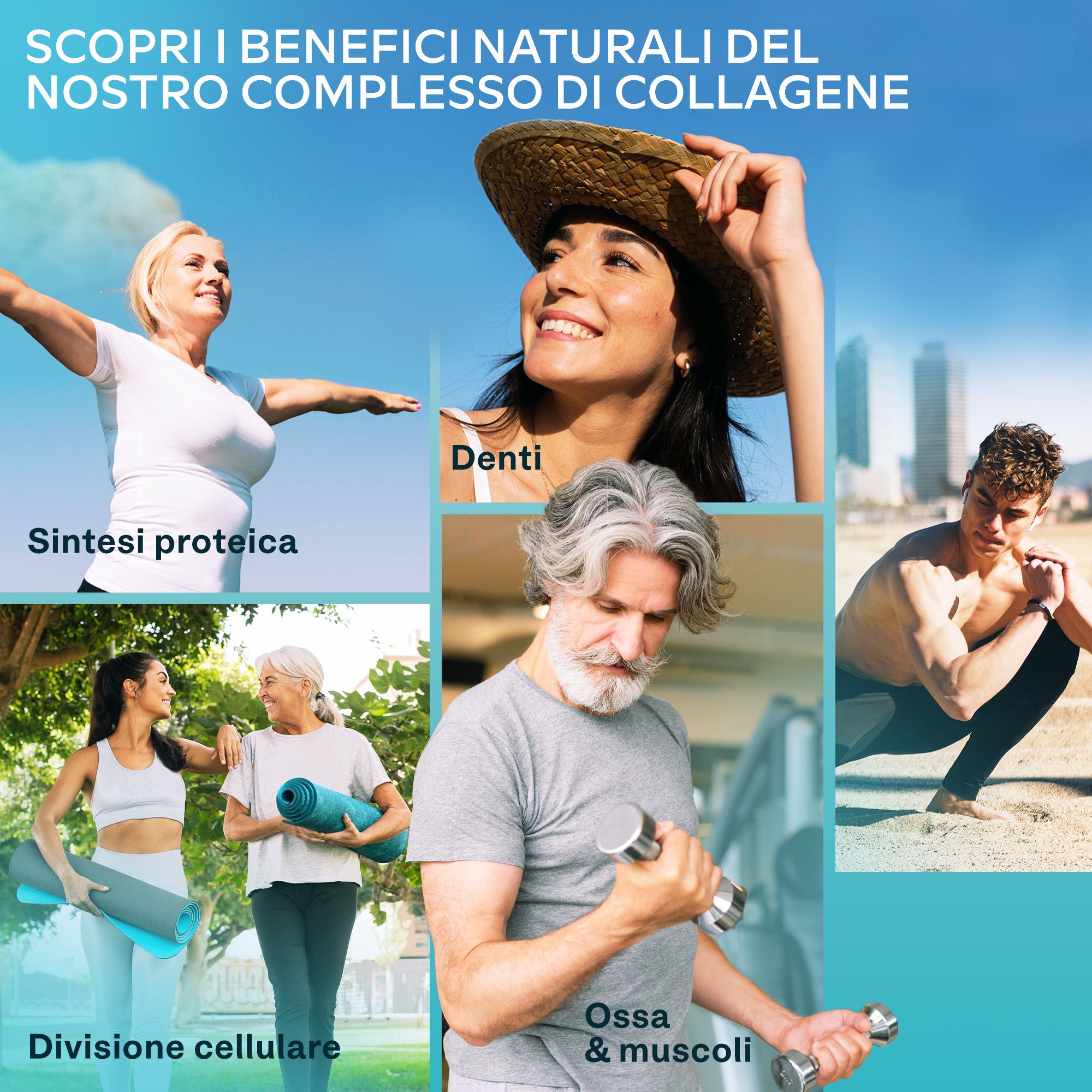 Diverse immagini di persone che beneficiano di Aavalabs Meereskollagen: sintesi, denti, ossa, muscoli, divisione cellulare.