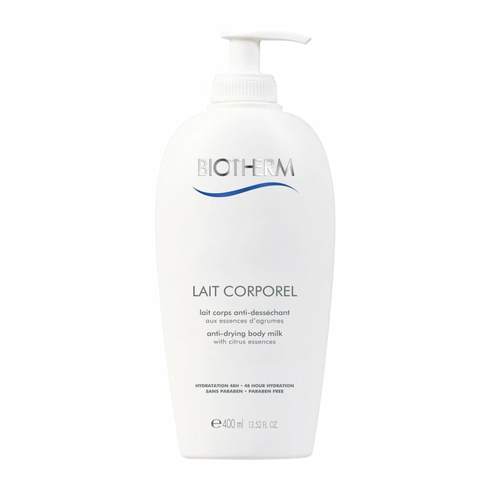 Flacone bianco con dosatore. Scritta: BIOTHERM, Lait Corporel. Testo: anti-drying body milk with citrus essences. Volume: 400 ml.