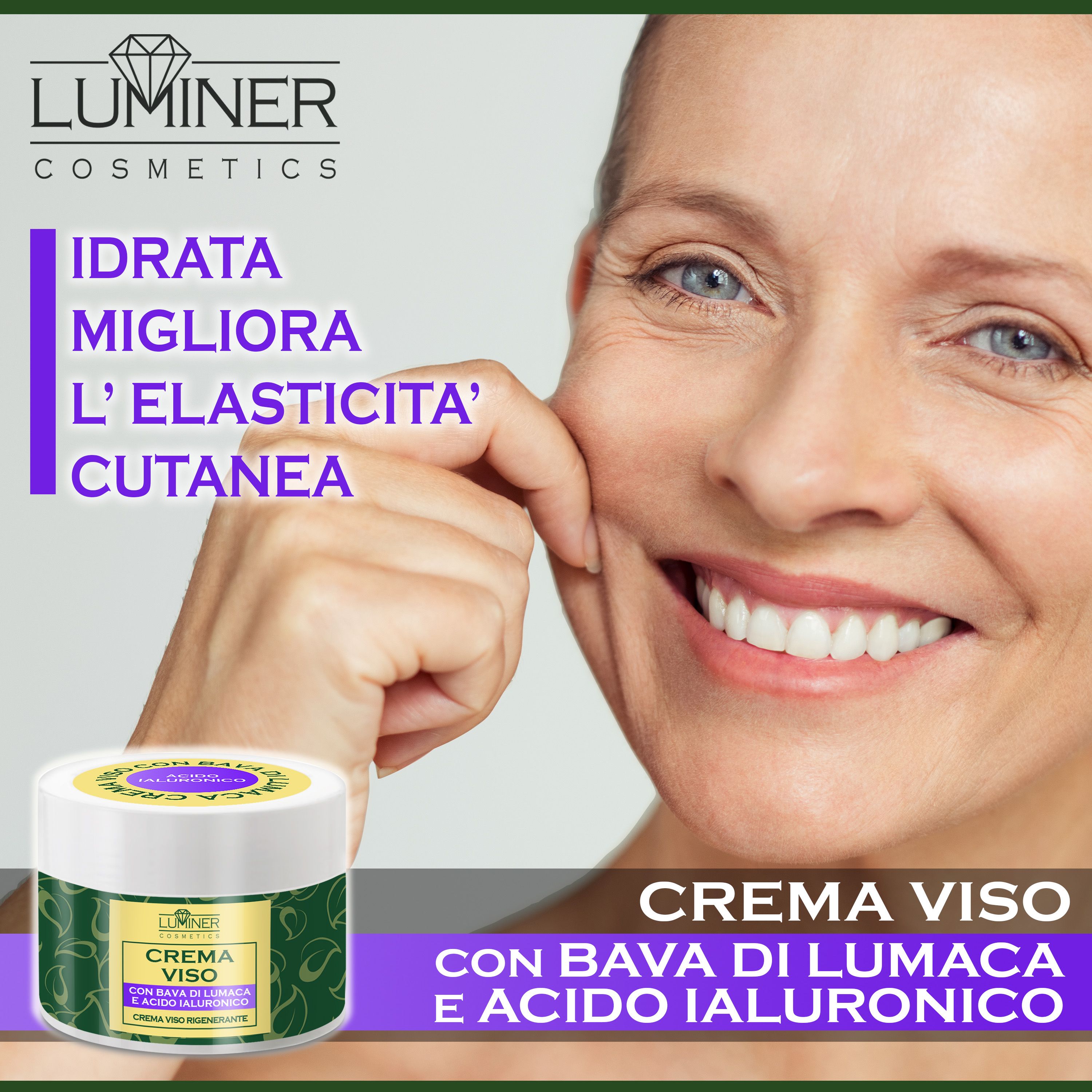 Donna con pelle radiosa, vasetto e testo "Idrata, migliora l'elasticità cutanea".