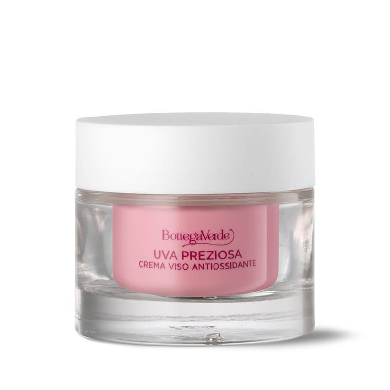 Vasetto di crema con coperchio bianco. Crema rosa visibile. Scritta: Bottega Verde, Uva Preziosa, Crema viso antiossidante idratante.