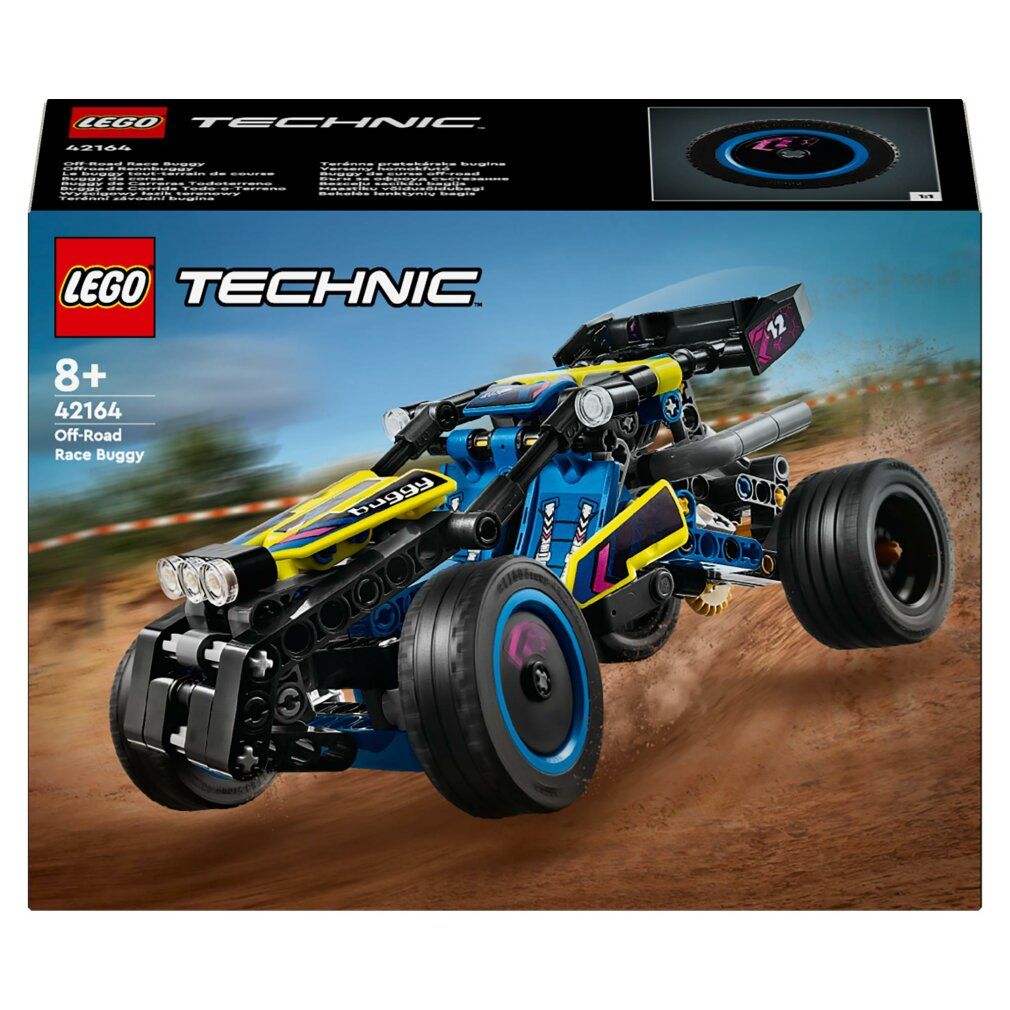 LEGO Technic buggy da corsa. Blu, giallo e nero. Età 8+. Scritte: LEGO Technic, 42164, Race Buggy.