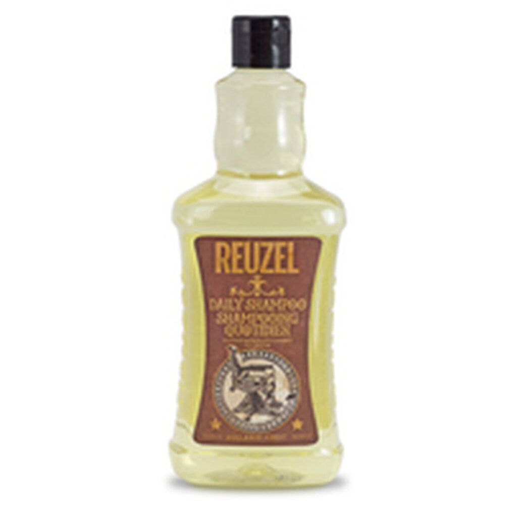 Flacone di shampoo giallo. "Reuzel Daily Shampooing" sull'etichetta. Tappo nero. Motivo barbiere.
