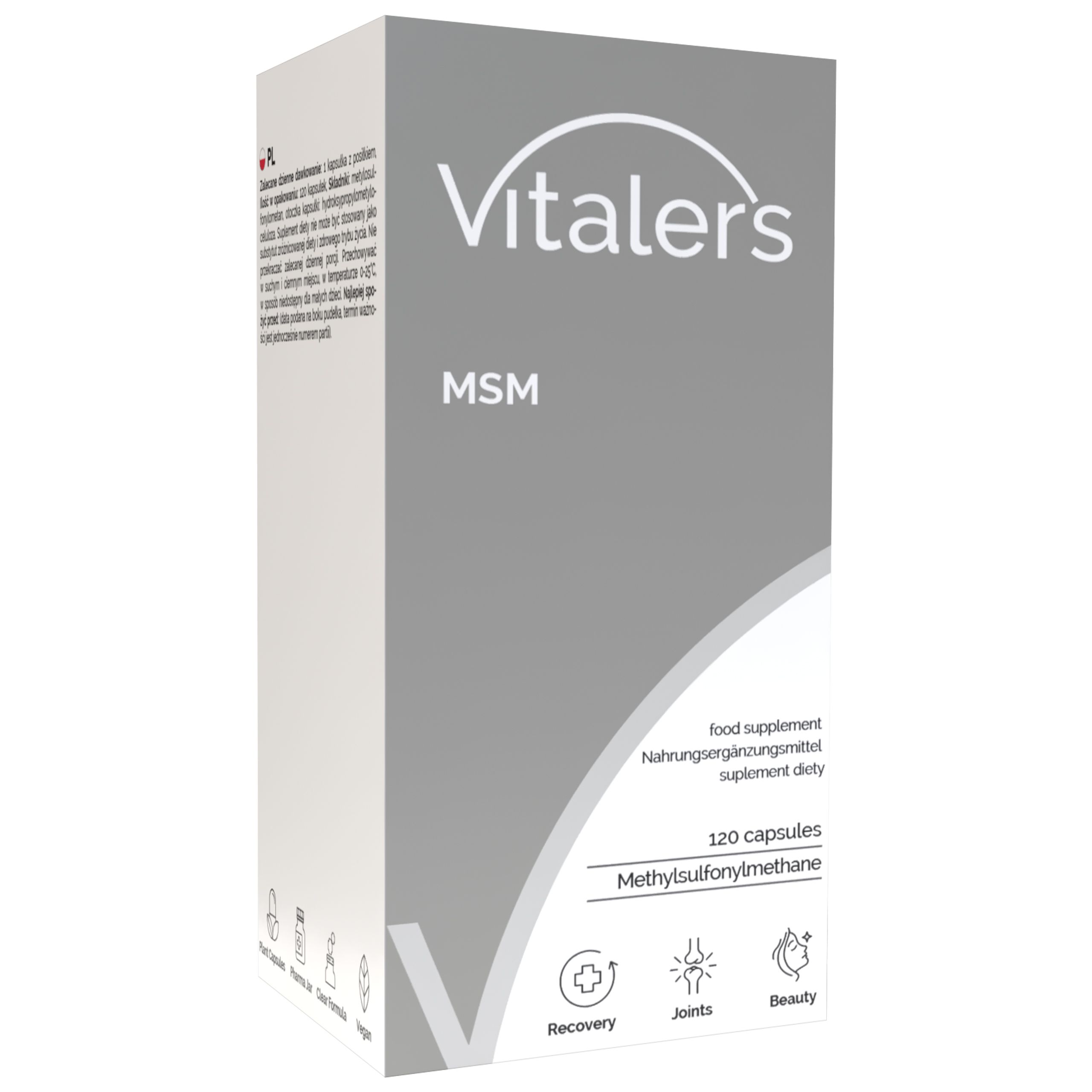 Confezione di capsule Vitaler's MSM, lato frontale con nome del prodotto e icone.