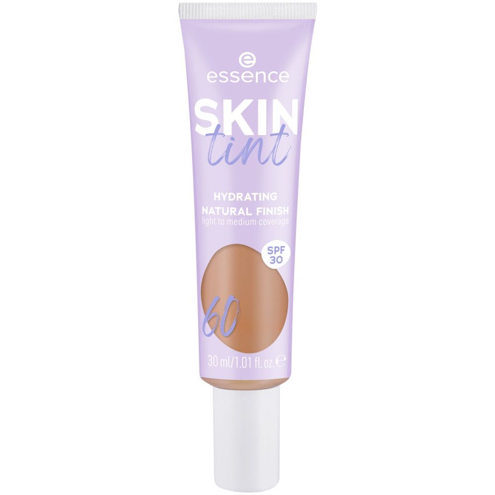 Tubo di fondotinta Essence Skin Tint, tonalità 60, SPF 30. Contenuto 30 ml.