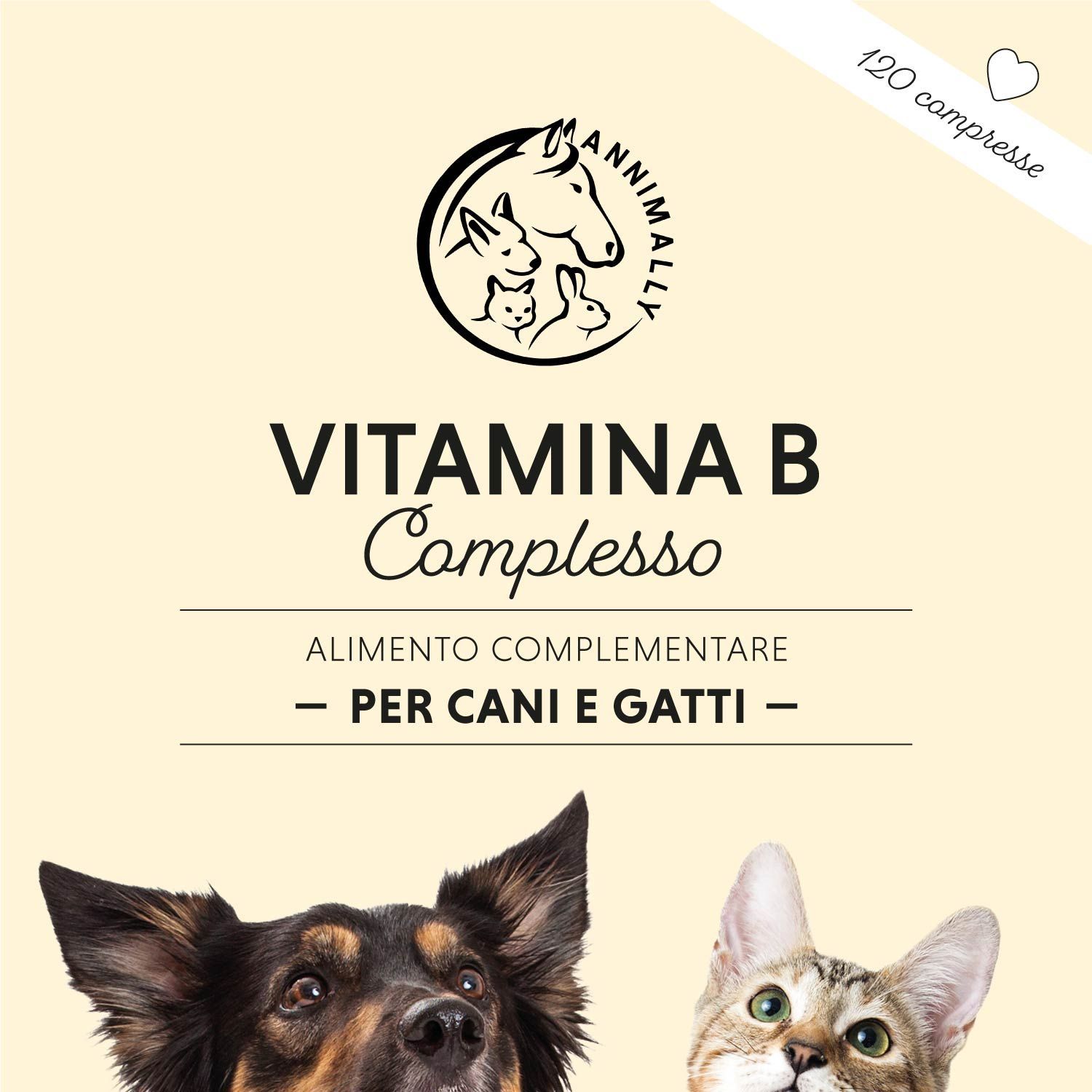 Presentazione del prodotto con logo e testo: Vitamina B Komplex. 120 compresse. Per cani e gatti. Immagini di cani e gatti.