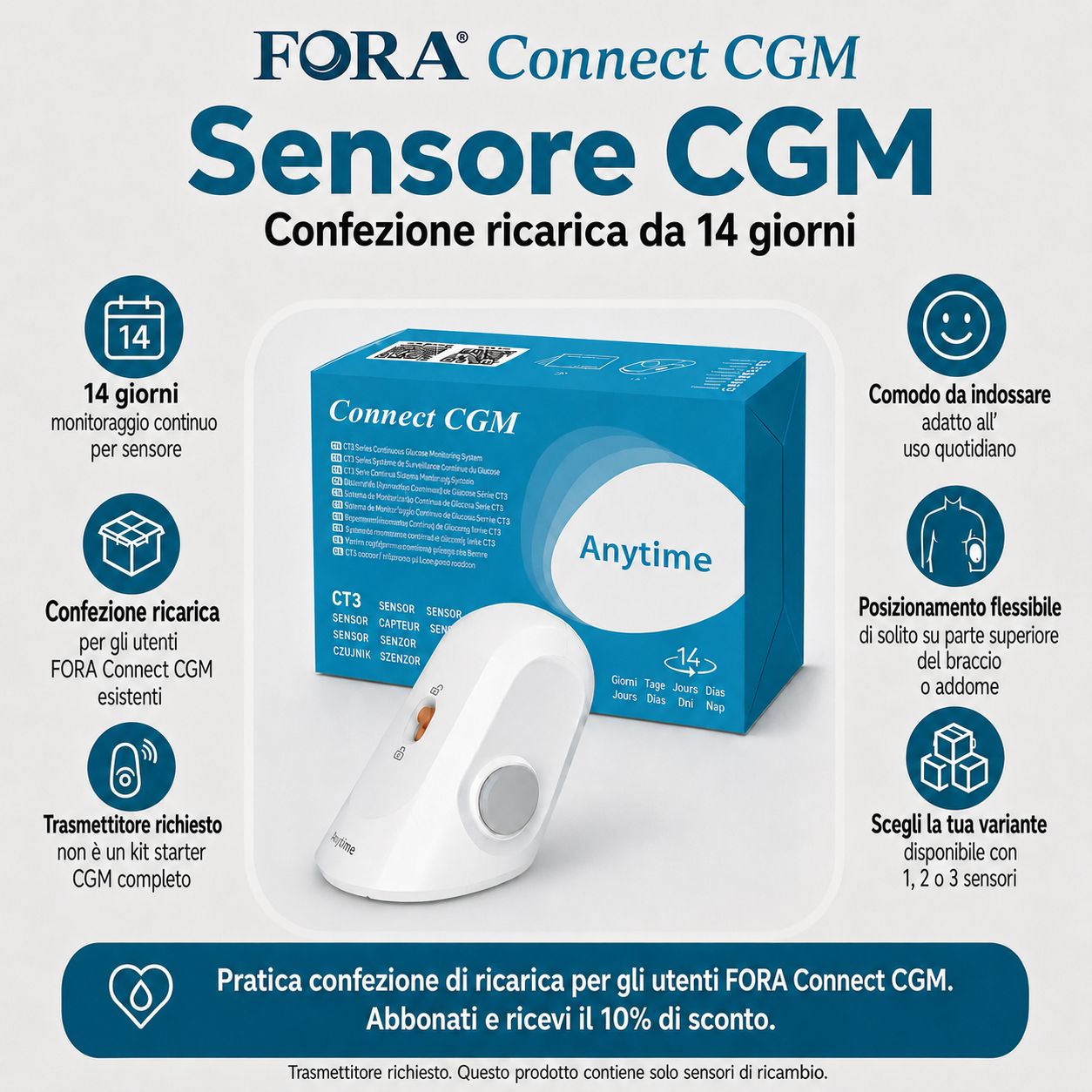 Sensore FORA Connect CGM, confezione ricarica 14 giorni. Mostra sensore, scatola e vantaggi come comfort.