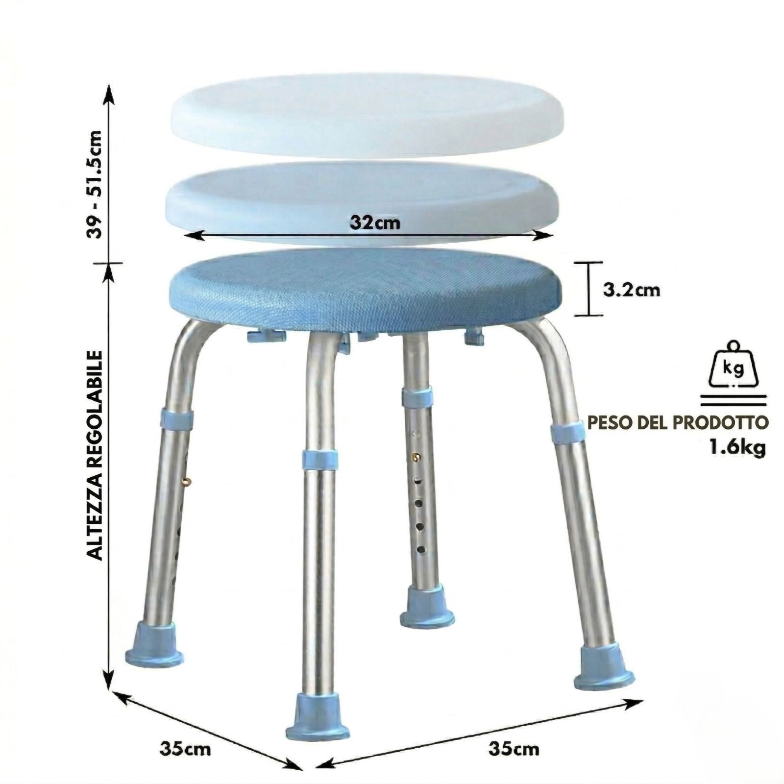 Sgabello doccia con dimensioni. Altezza 39-51,5cm, diametro 32cm. Peso 1,6kg. Regolabile.