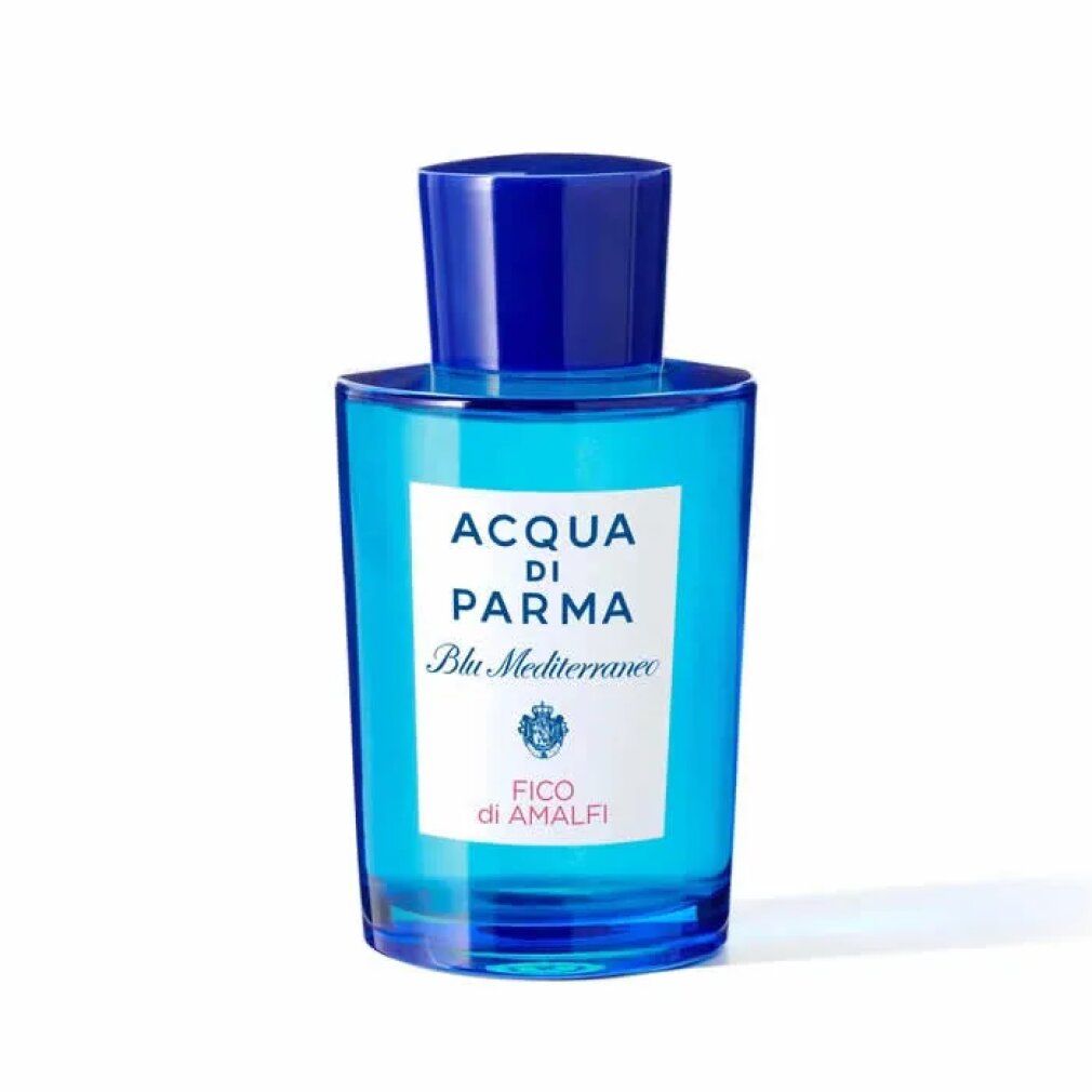 Flacone di profumo blu con tappo blu. Scritta: Acqua di Parma, Blu Mediterraneo, Fico di Amalfi.