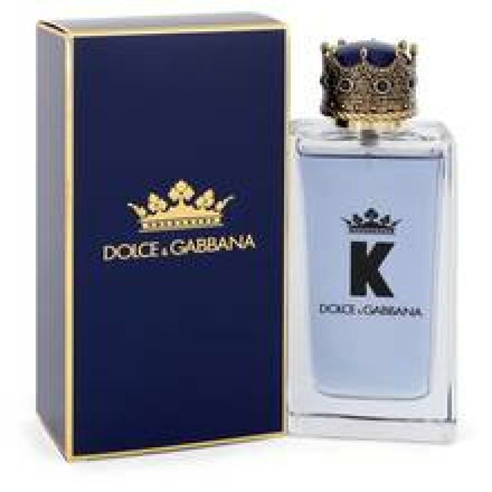 Flacone di profumo e confezione. Flacone con contenuto blu, 'K' nero e corona. Confezione blu con logo.