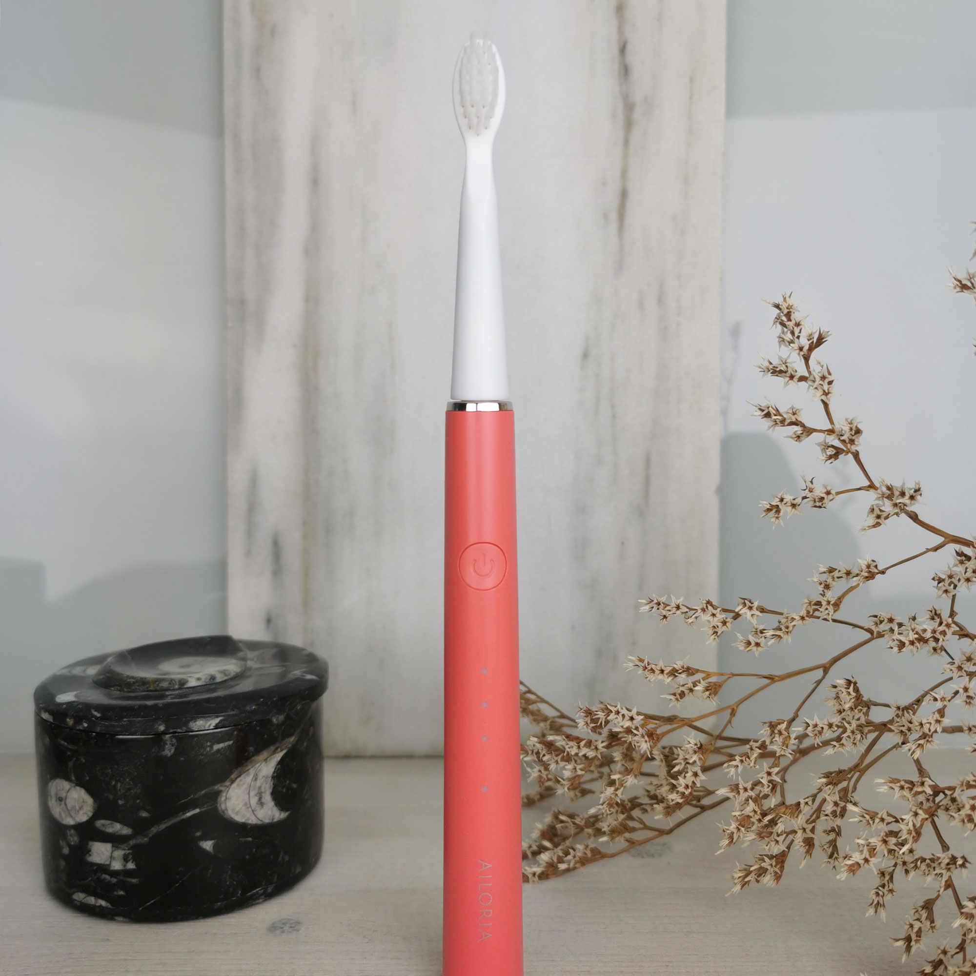 Spazzolino elettrico rosso. Marchio AILORIA. Su un tavolo con decorazioni.