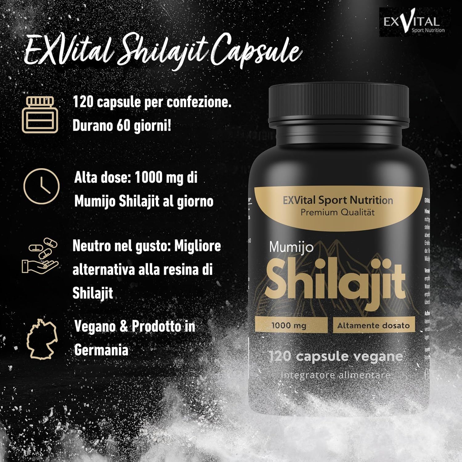 Flacone nero EXVital Shilajit. 120 capsule, 1000mg Mumijo. Prodotto in Germania. Testo in italiano.