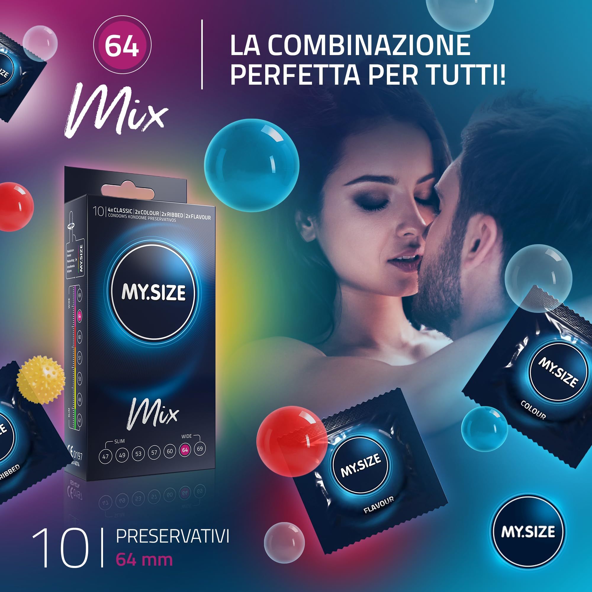 Preservativi MY.SIZE Mix: 10 pezzi, misura 64mm. Confezione da 4 Classic, 2 Colour, 2 Ribbed, 2 Flavour.