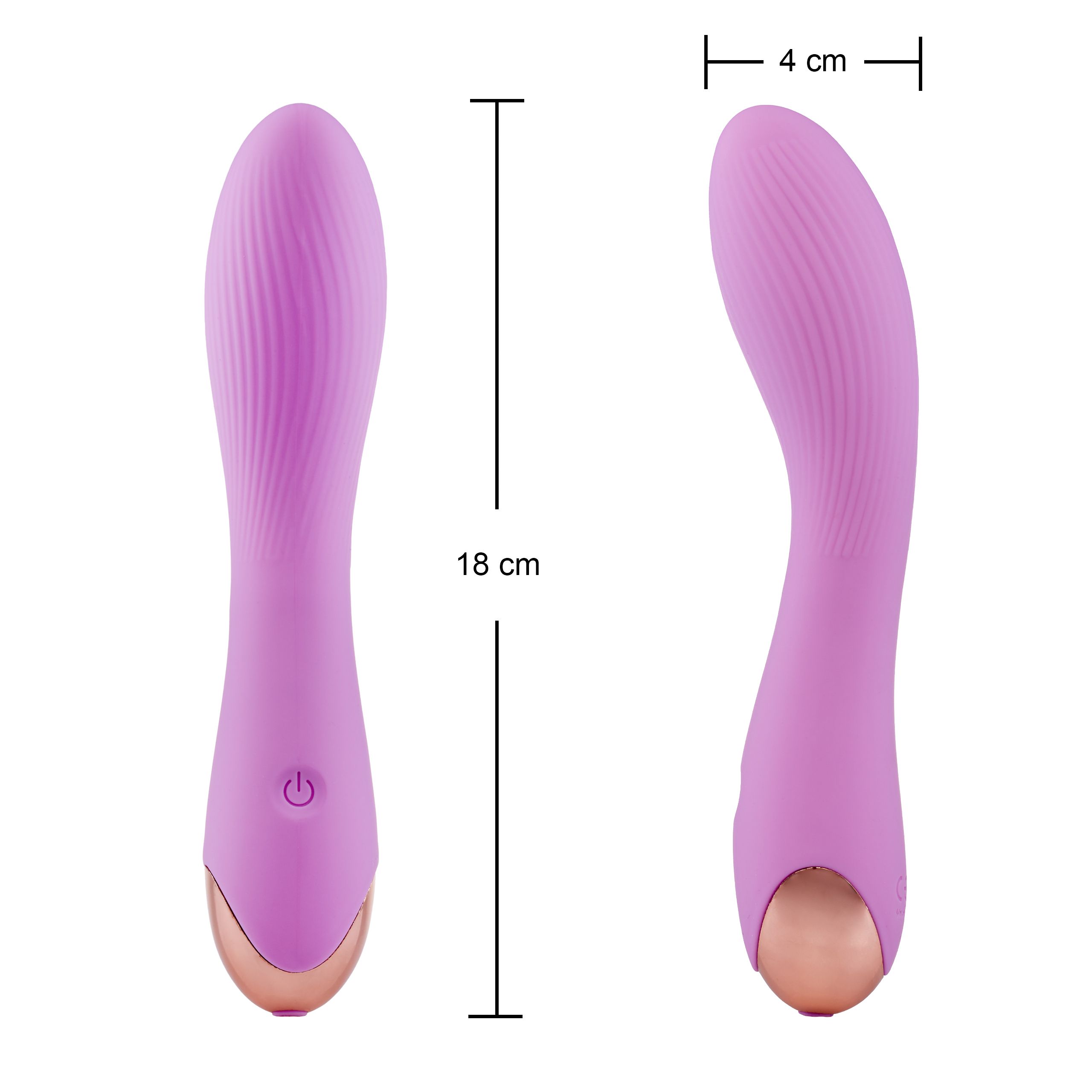 Vibratore lilla, dimensioni: 18 cm di lunghezza, 4 cm di larghezza. Superficie scanalata, testa dorata. Con pulsante on/off.
