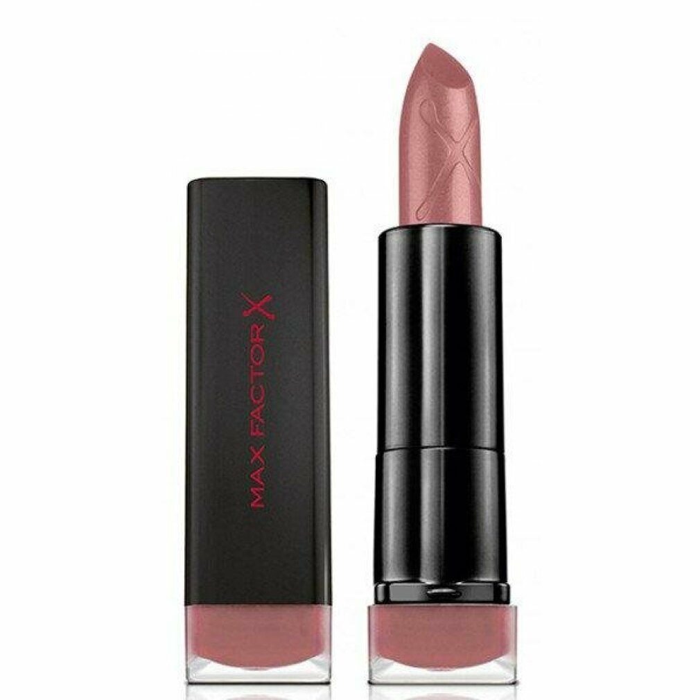 Rossetto rosa chiaro. Corpo del rossetto nero con scritta rossa 'MAX FACTOR X'. Base quadrata trasparente.