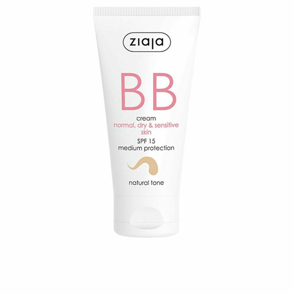 Tubo bianco Ziaja BB cream, SPF 15, per pelli normali, secche e sensibili. Scritta rosa BB e indicazione tonalità naturale.