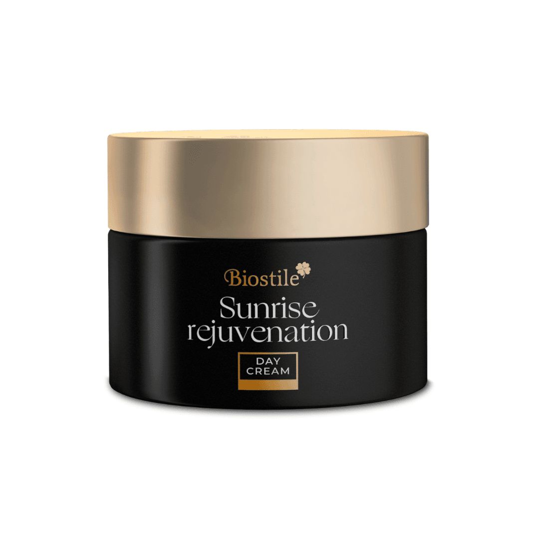 Vasetto nero con coperchio dorato. Scritta: Biostile Sunrise Rejuvenation Day Cream.