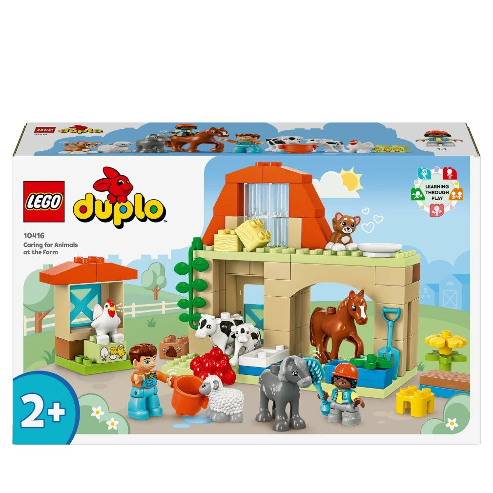 Set LEGO Duplo. Giocattolo fattoria con personaggi e animali. Confezione con nome del prodotto e età consigliata 2+. Edifici e animali.