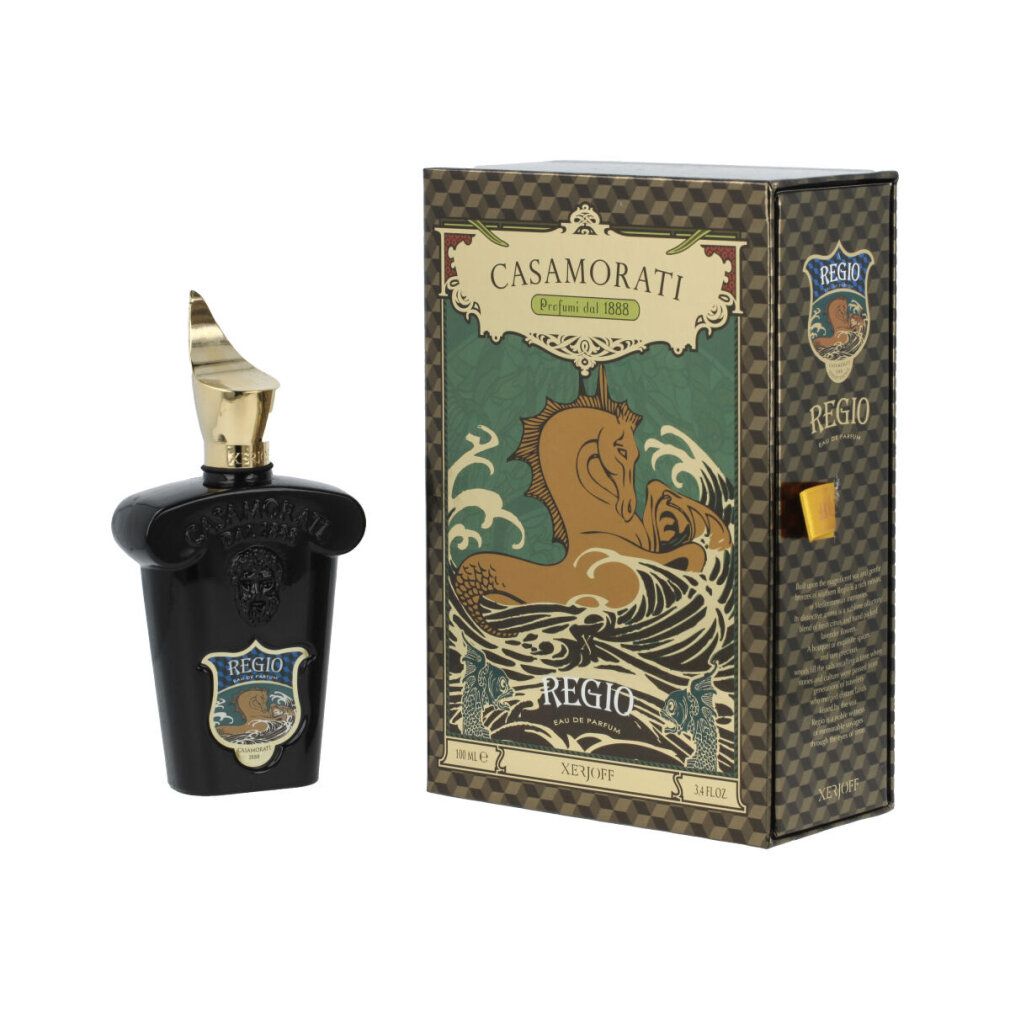 Flacone nero con tappo dorato, accanto a una scatola con illustrazione di cavalluccio marino. Testo: Casamorati, Regio.