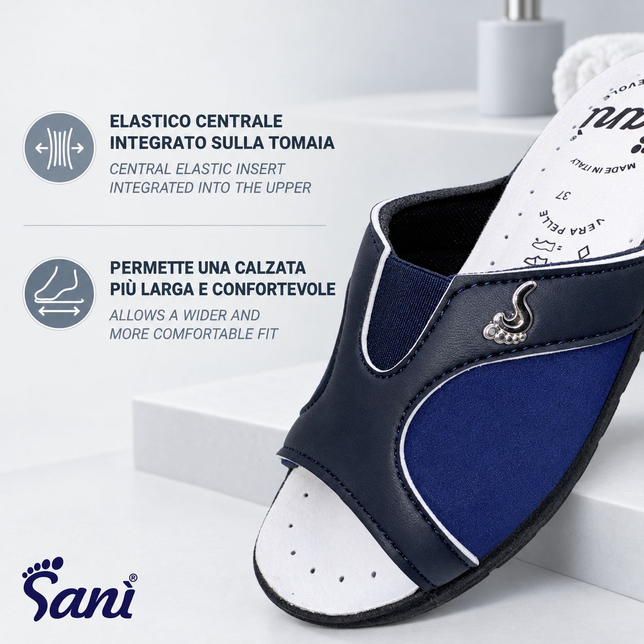 Mocassino da donna con elastico centrale per una calzata più ampia.
