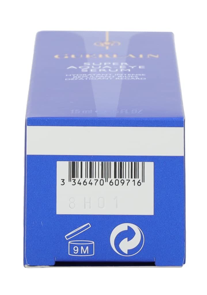 Confezione, retro. Scritta: Super Aqua-Eye Serum. Codice a barre, simboli di riciclaggio, simbolo 9M.