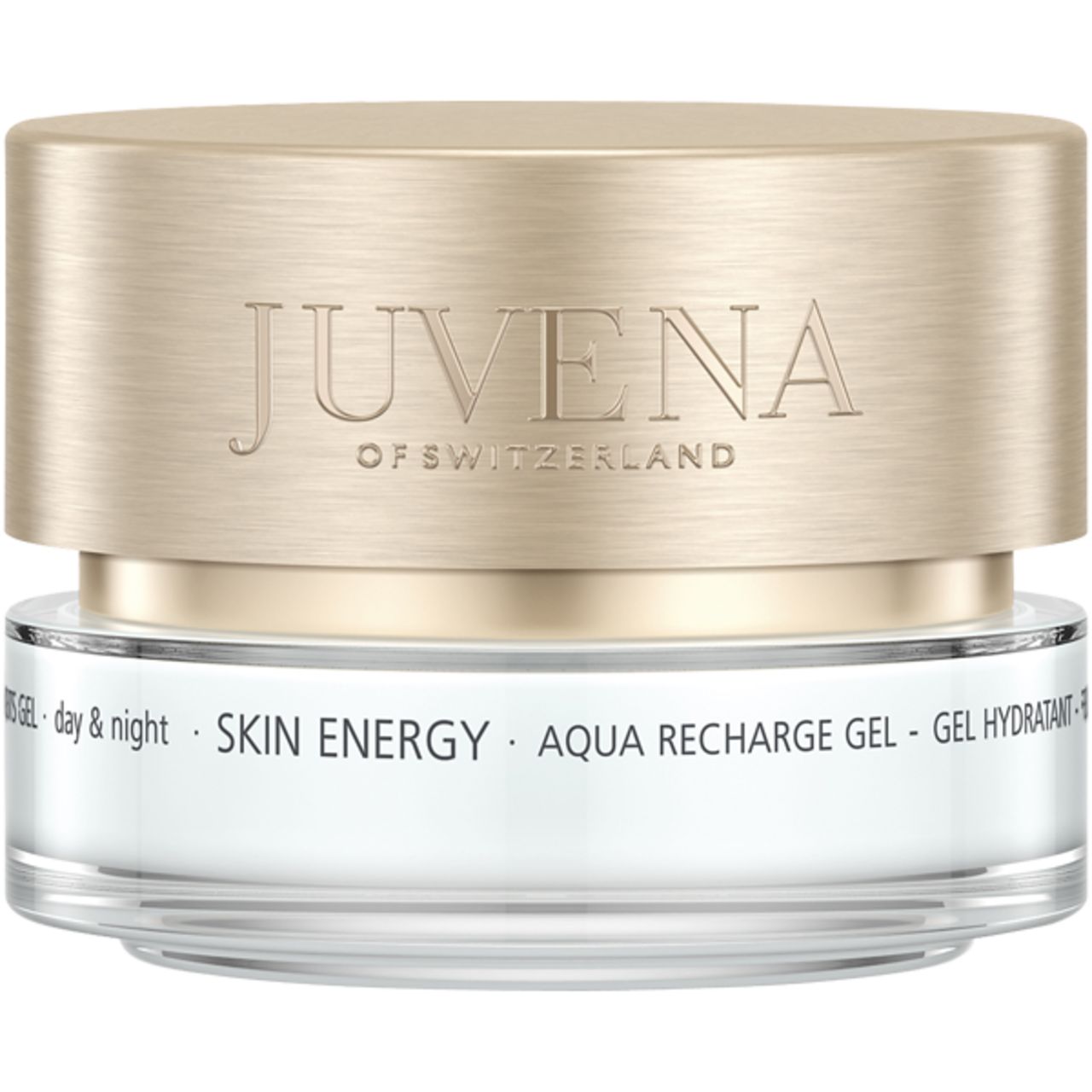 Vasetto di crema con coperchio dorato. Scritta: Juvena of Switzerland. Nome prodotto: Aqua Recharge Gel.