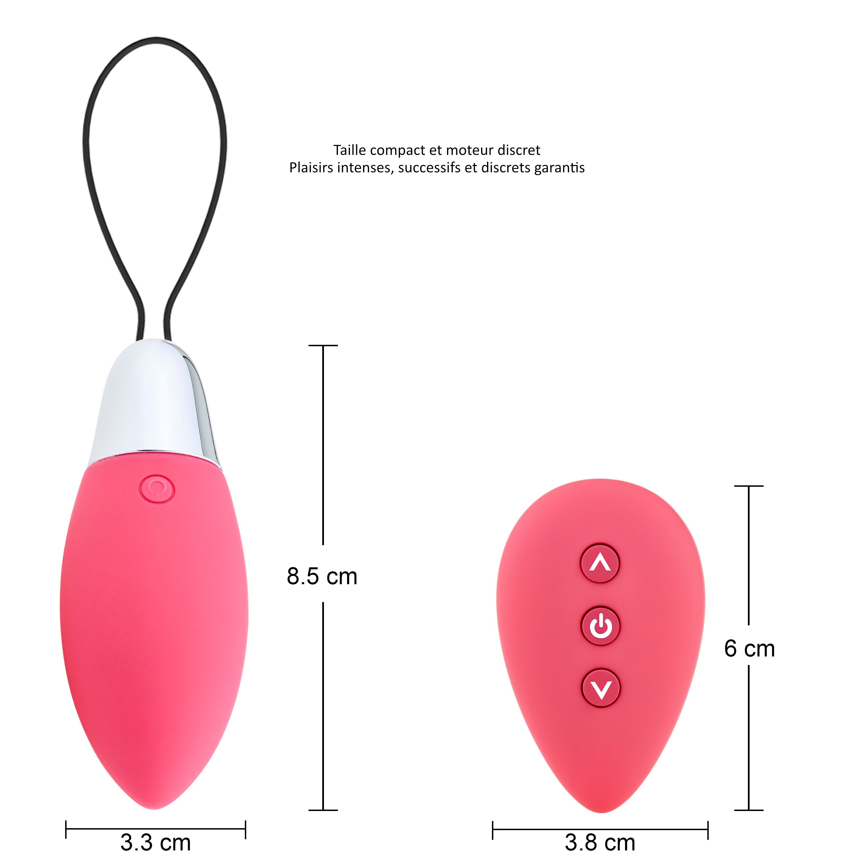 Vibratore rosa con anello nero, testa argentata e telecomando. Testo: 'Taille compact et moteur discret'.