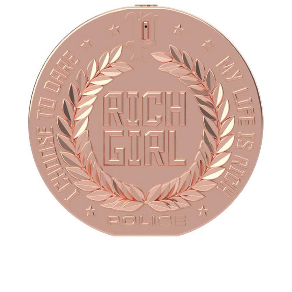 Contenitore rotondo color oro rosa. Scritta: RICH GIRL, POLICE. Corona d'alloro e testo circondano il logo. Stelle.