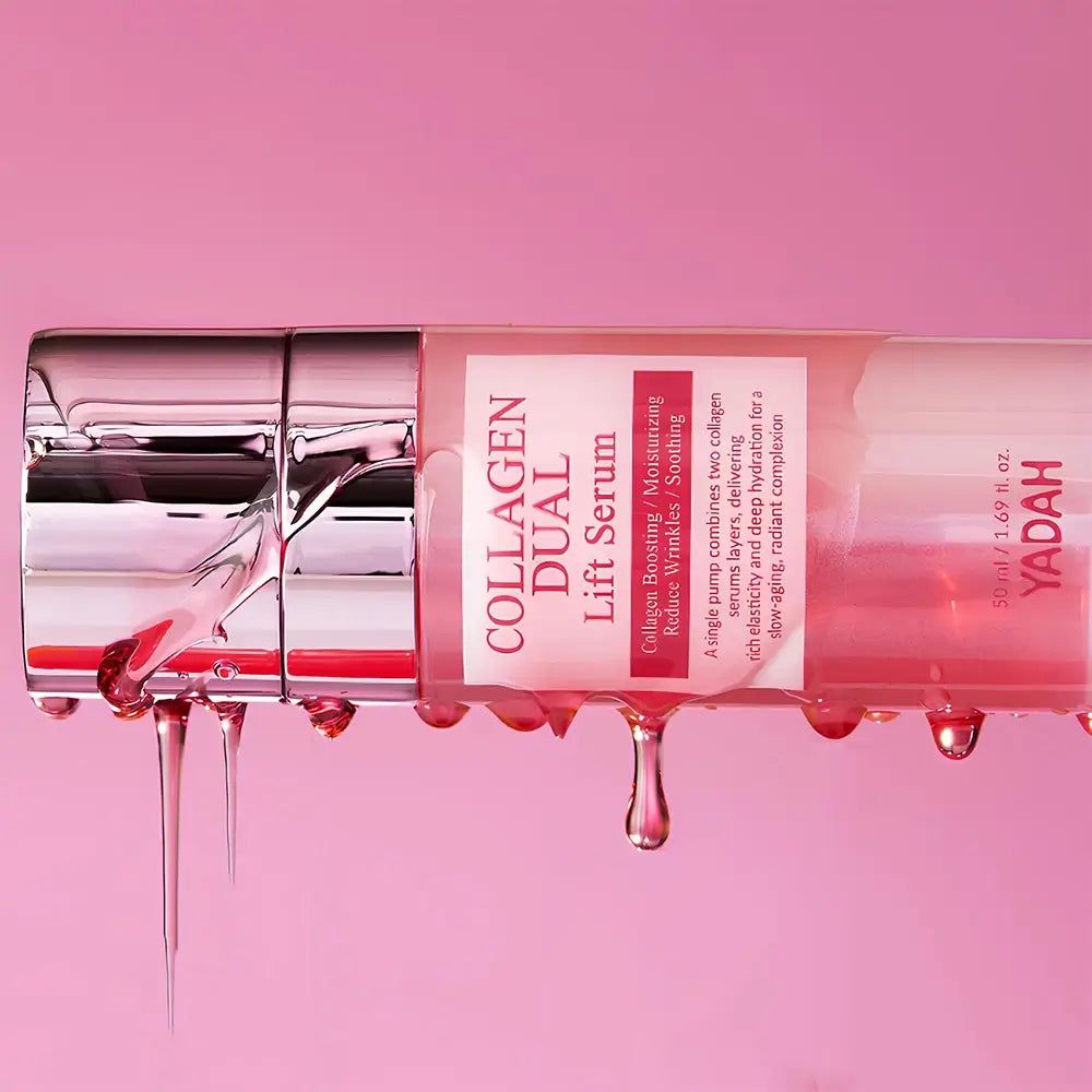Flacone YADAH Collagen Dual Lift Sérum con siero che gocciola.