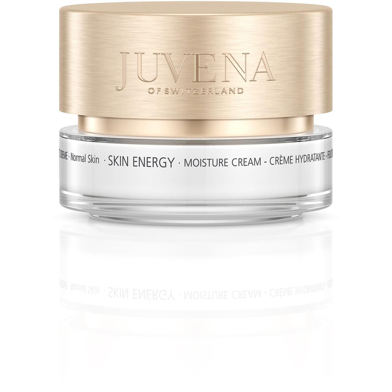 Vasetto di crema con coperchio dorato. Scritta: JUVENA OF SWITZERLAND. Testo: SKIN ENERGY MOISTURE CREAM. Per pelli normali.