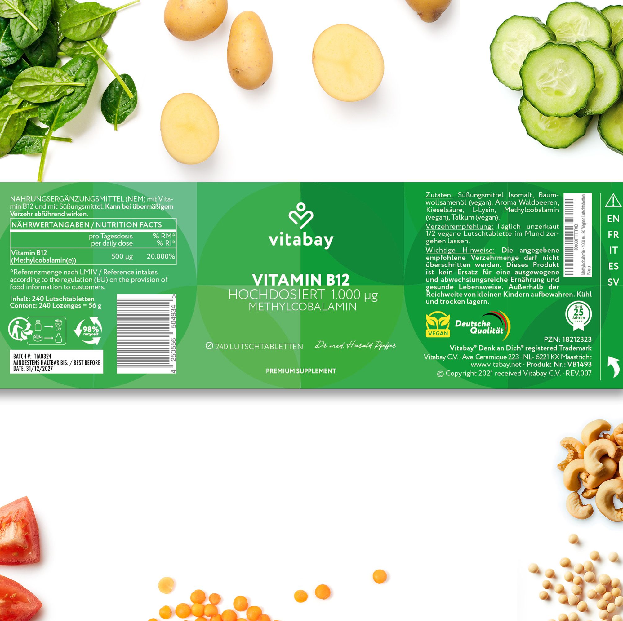 Retro della confezione Vitabay Vitamina B12 Depot 1000 mcg. 240 compresse da succhiare. Informazioni nutrizionali.