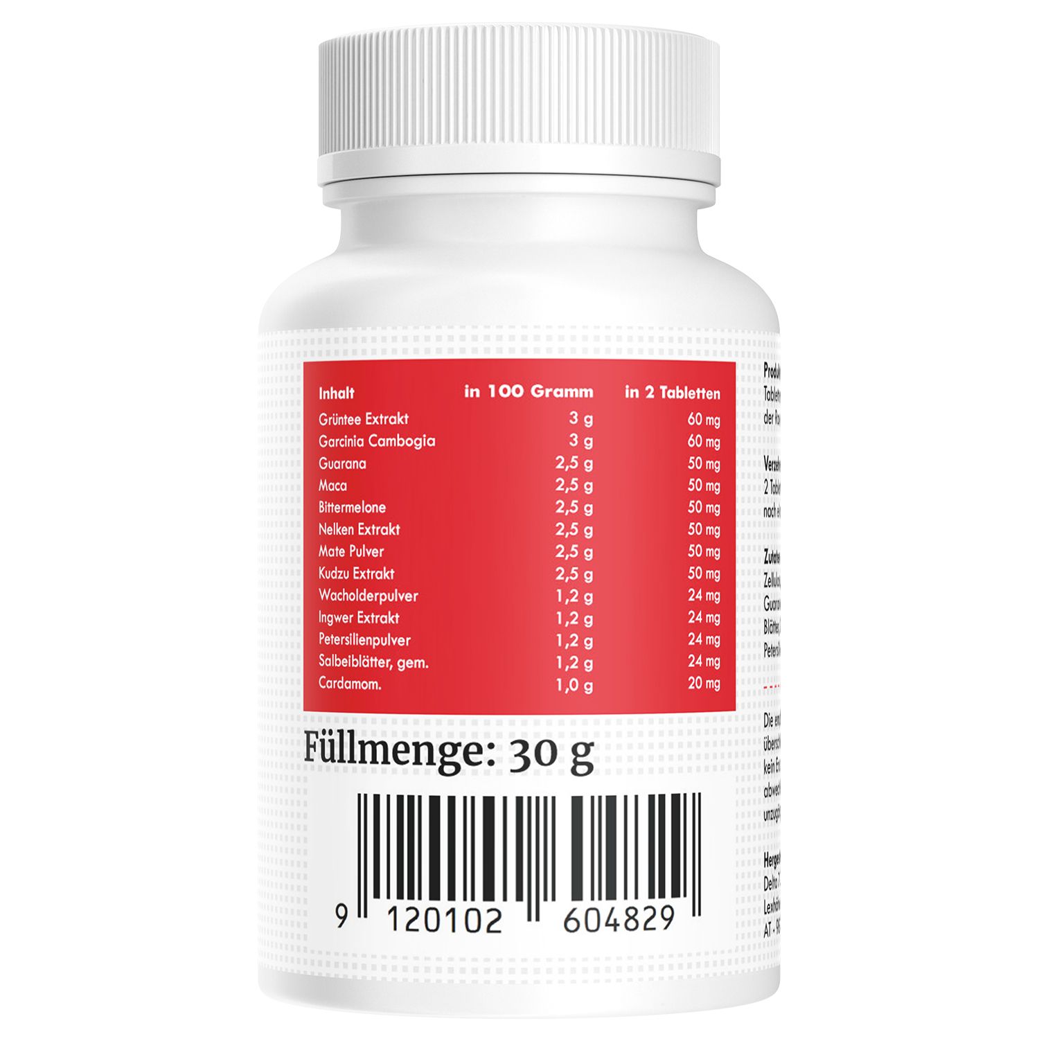 Retro di un flacone di compresse bianco. Testo: Ingredienti per 100g e 2 compresse, Contenuto: 30 g, Codice a barre.