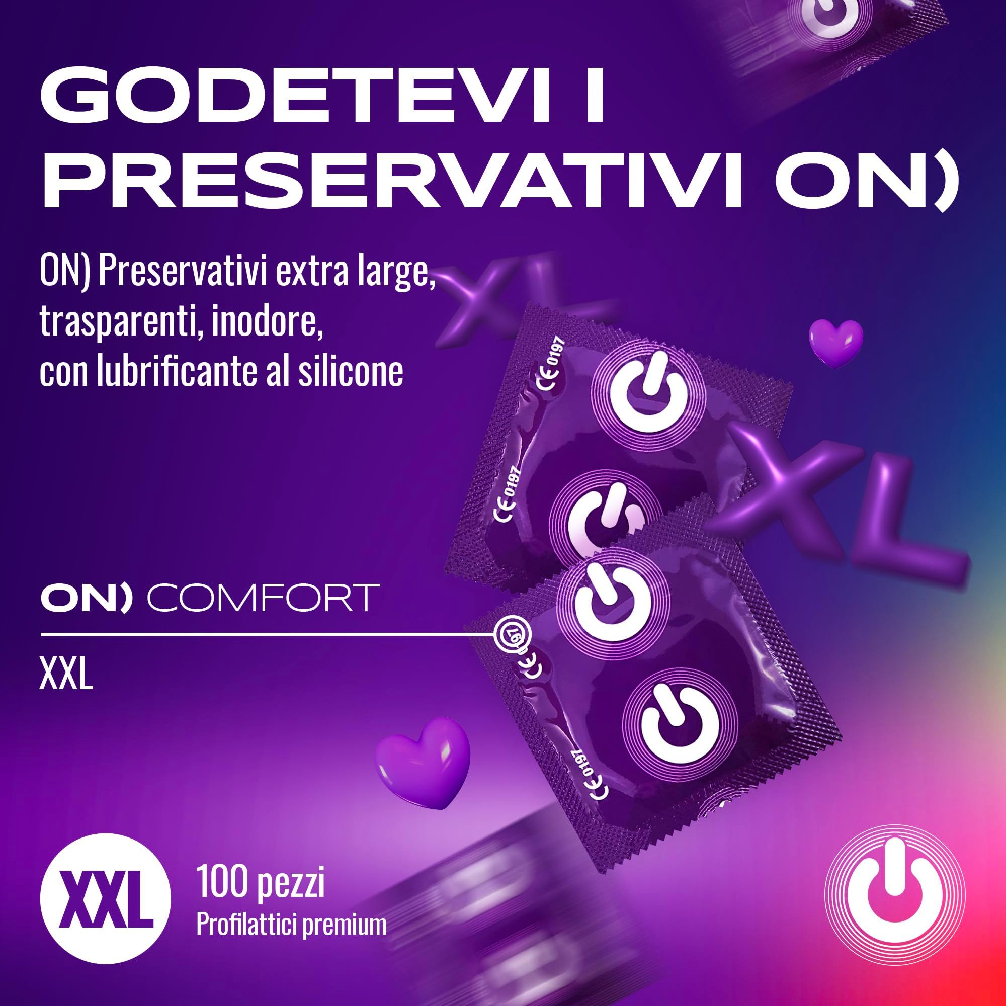 Confezione da 100 preservativi ON) taglia XXL, trasparenti, con lubrificante al silicone.