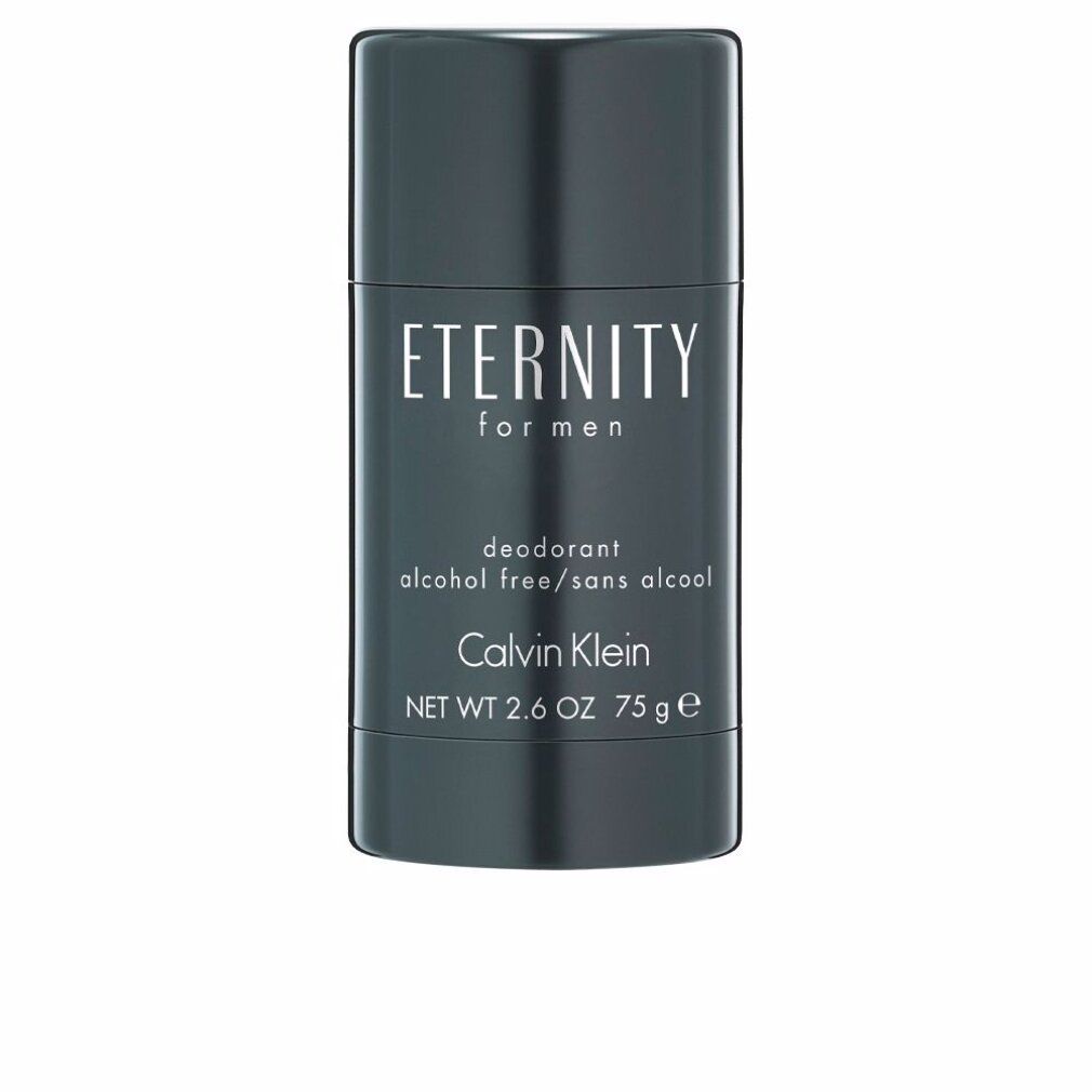 Deostick Eternity for Men di Calvin Klein. Cilindro grigio. Scritta Eternity for Men, deodorante, senza alcool. 75g.
