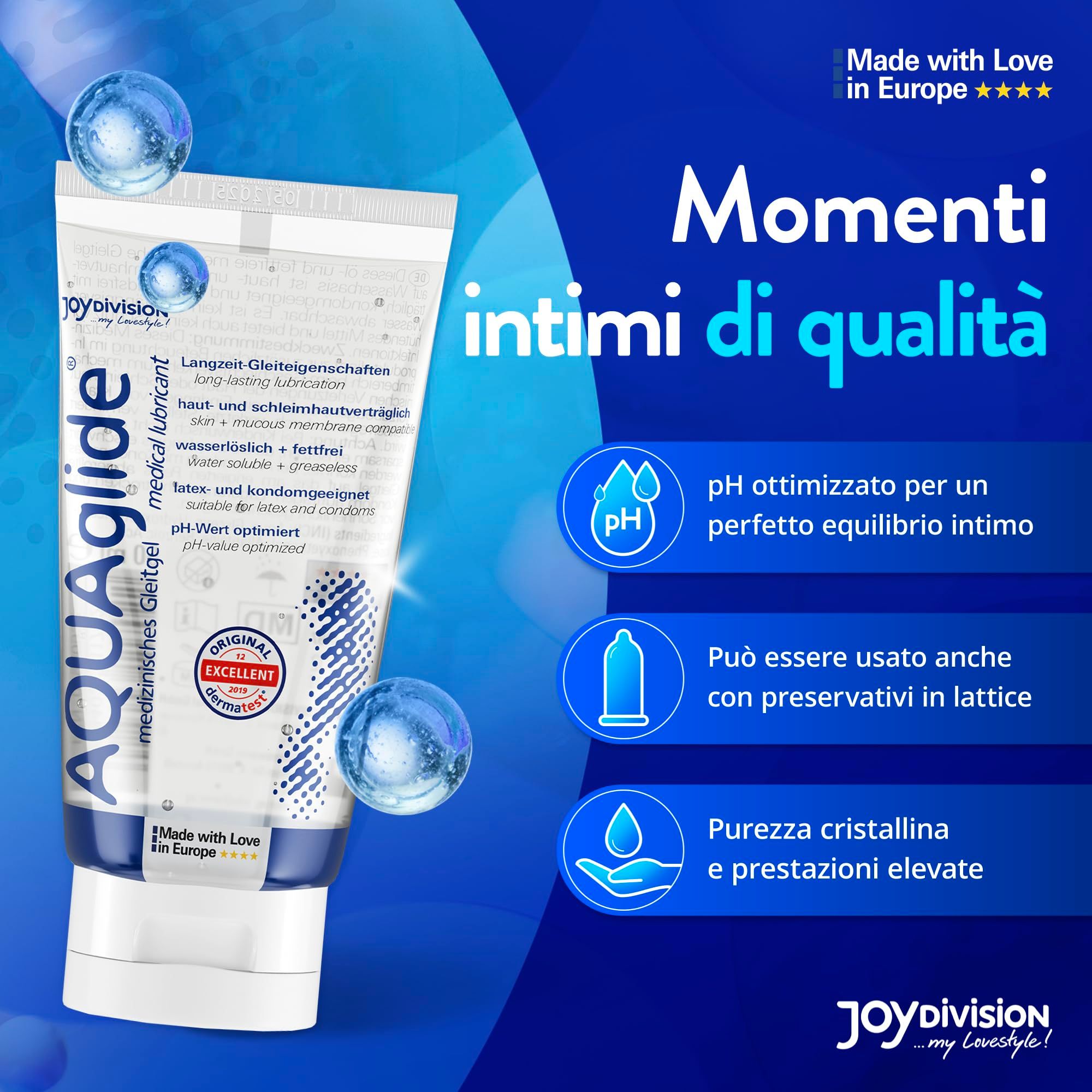 Tubo di gel lubrificante medicale AQUAGLIDE. "Made with Love in Europe".