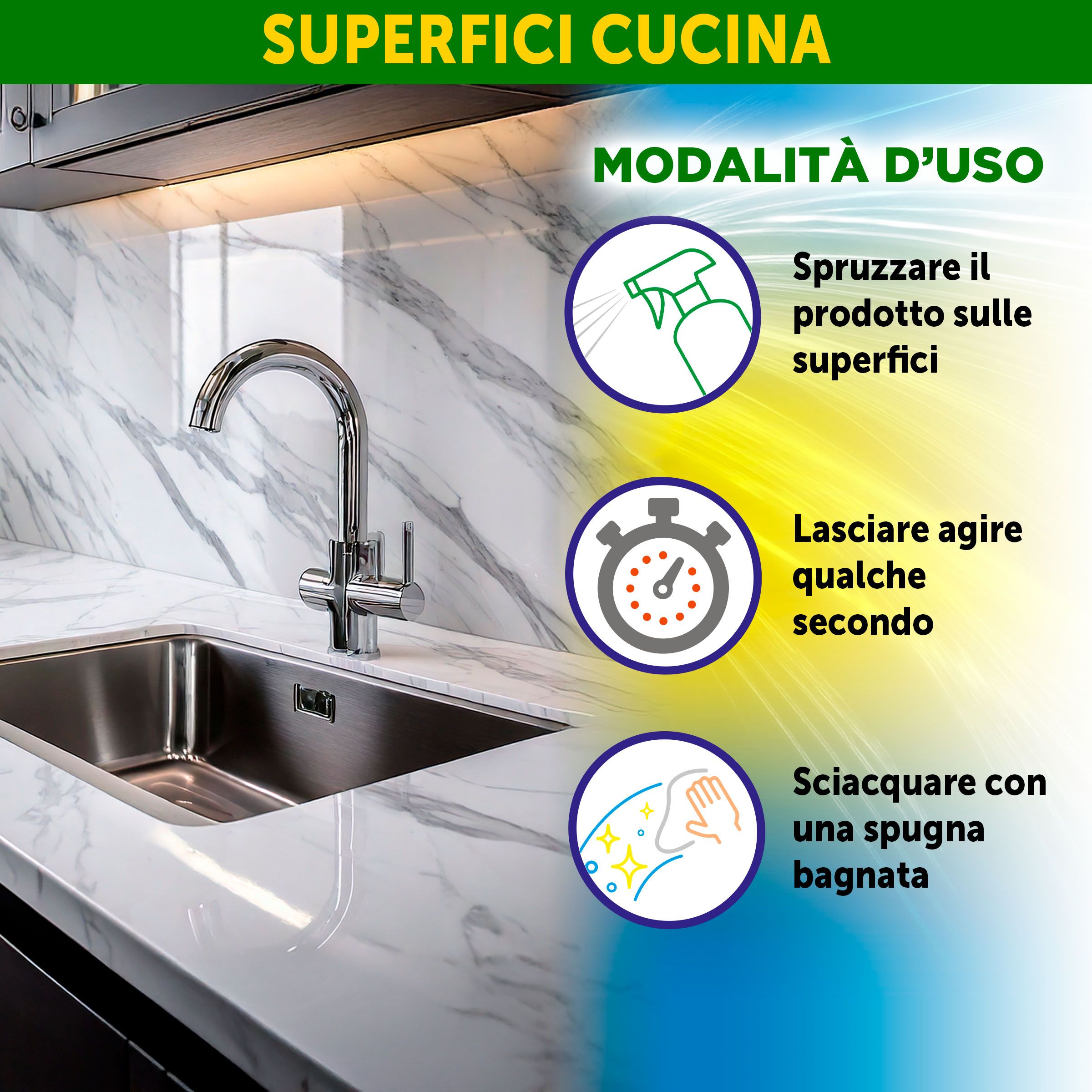 Superfici cucina. Istruzioni: Spruzzare sulle superfici, lasciare agire per qualche secondo, risciacquare con una spugna umida.