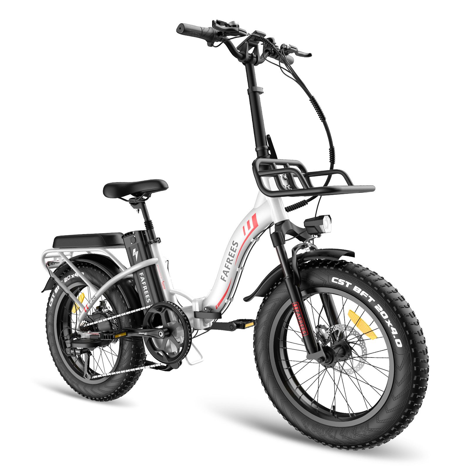 Bicicletta elettrica Fafrees F20 Max bianca. Pneumatici neri, portapacchi, cestino anteriore. Batteria e marchio visibili.