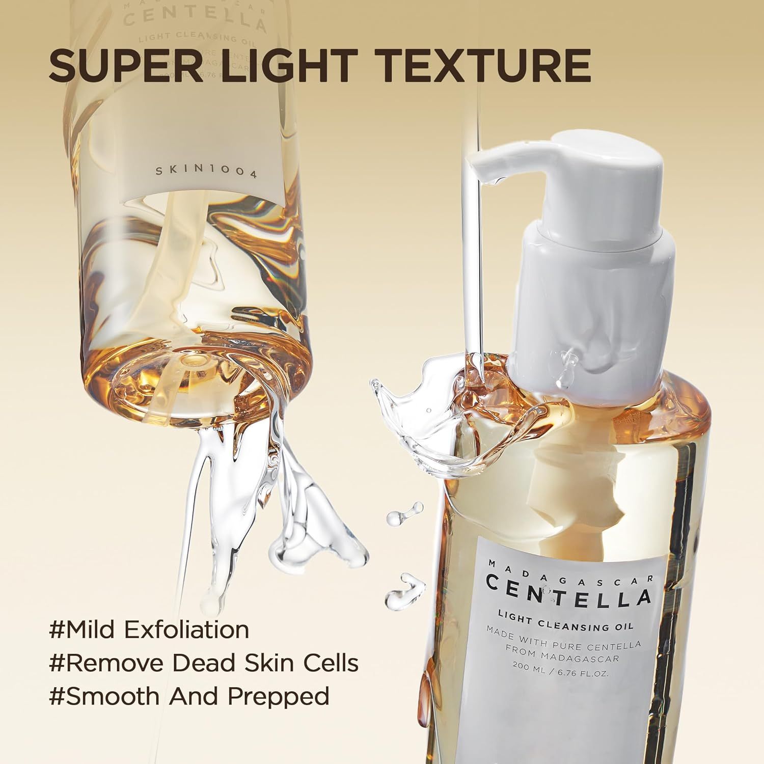 Skin1004 Madagascar Centella Light Cleansing Oil. Immagine del prodotto con testo: Super Light Texture.