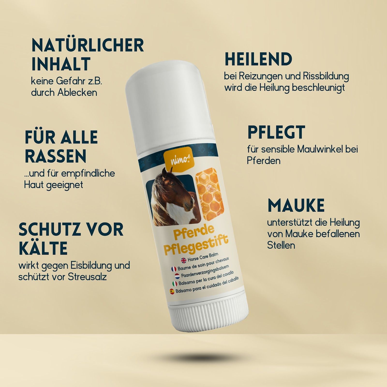 Stick bianco con stampa del prodotto. Testo: Pferde Pflegestift. Testo sui vantaggi. Favo e testa di cavallo.