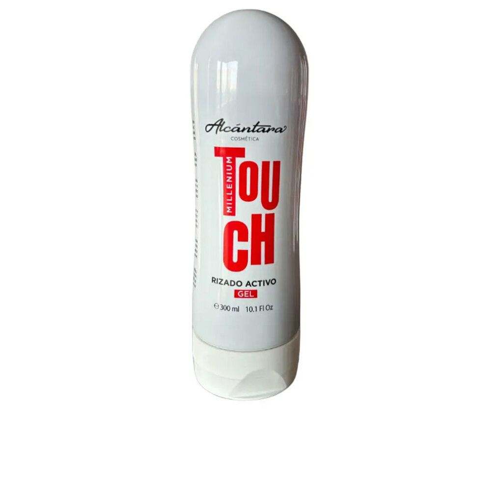 Flacone bianco con tappo bianco. Scritta "Millenium Touch", "rizado activo gel". Testo in spagnolo. Marchio: Alcántara Cosmética.