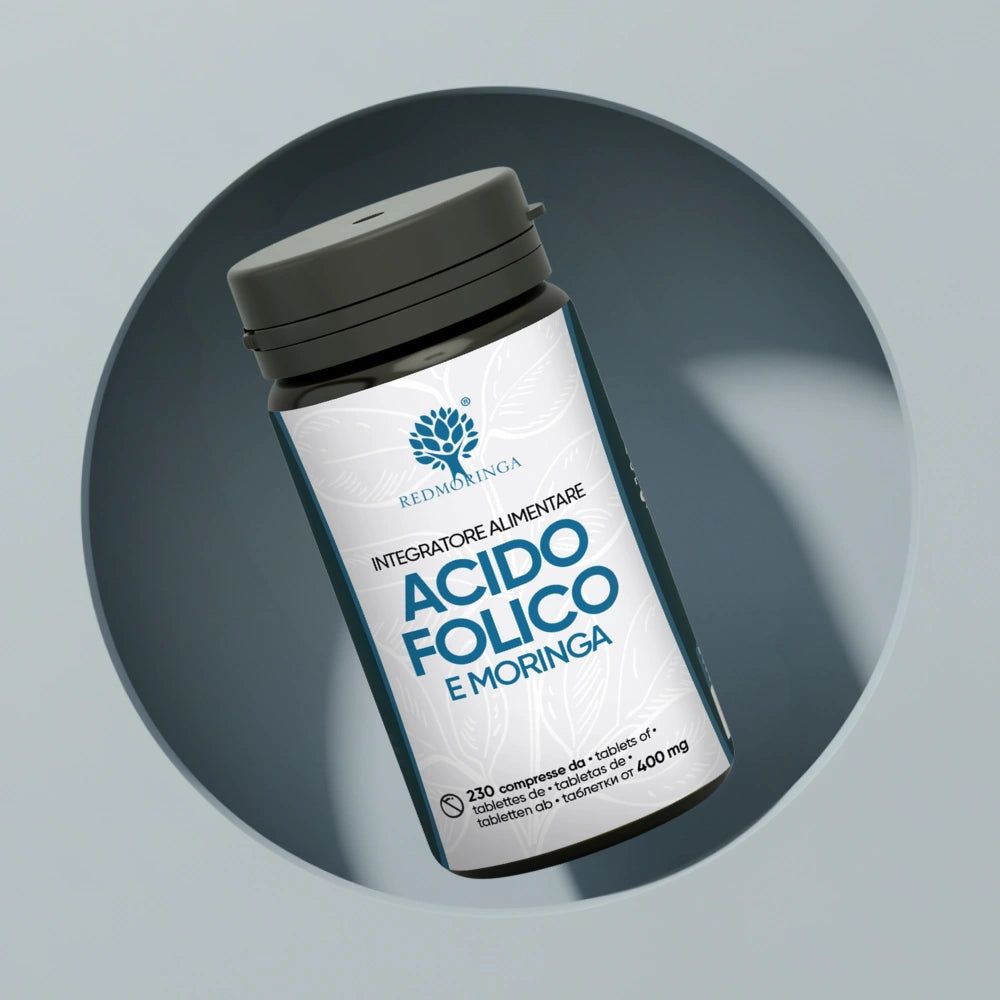 Flacone con: Redmoringa, Acido Folico e Moringa. 230 compresse, 400 mcg, in un cerchio.
