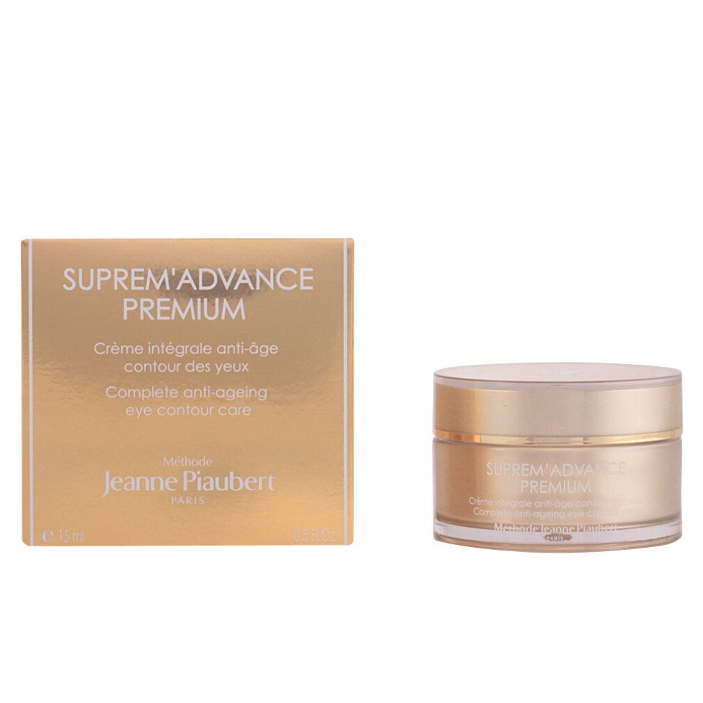 Scatola e vasetto dorati. Scritta: Suprem'Advance Premium, Crème intégrale anti-âge contour des yeux, Jeanne Piaubert.