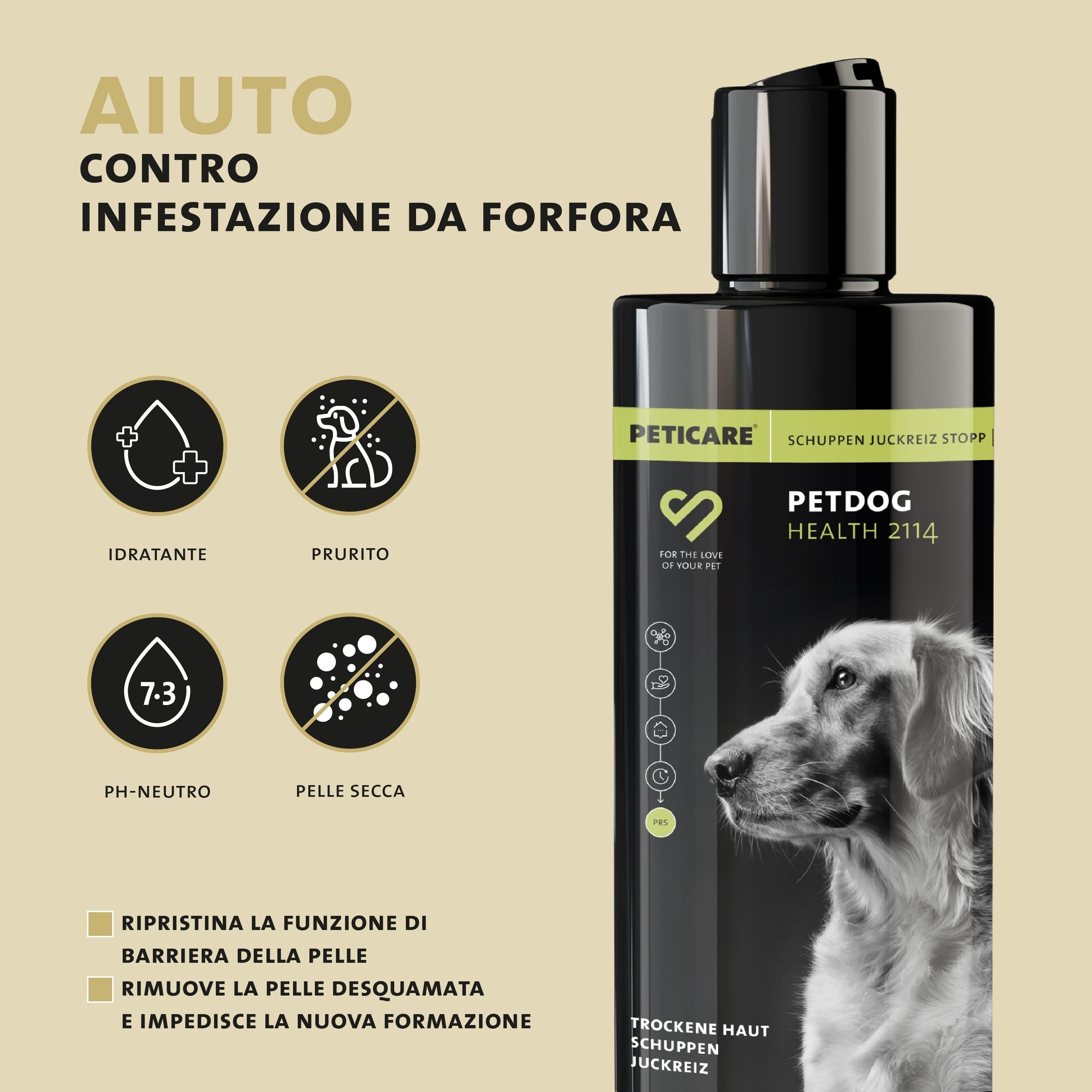 Flacone nero di shampoo. Testo: Peticare, Petdog Health 2114. Aiuta contro la forfora.
