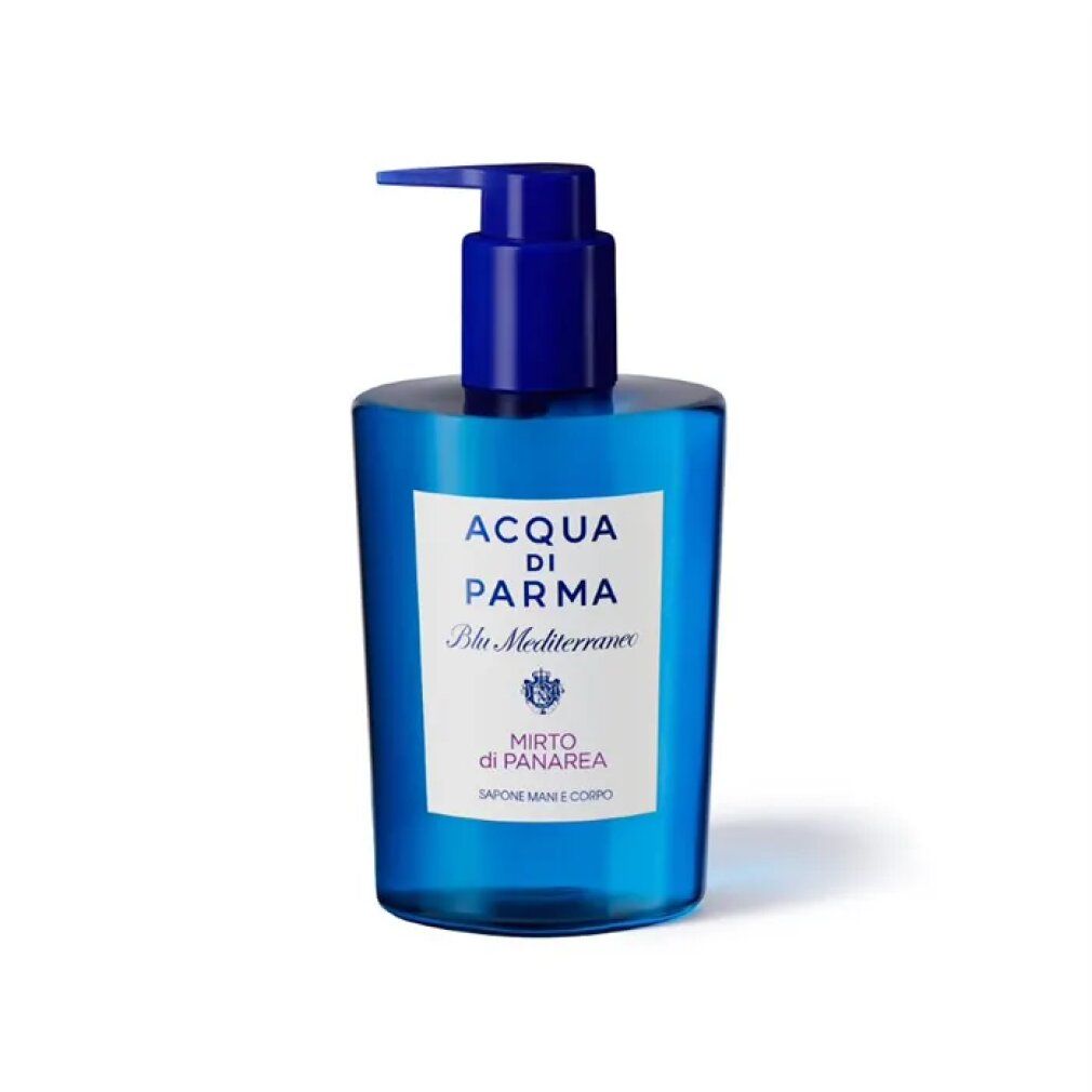 Flacone di sapone liquido blu con dosatore. Etichetta con testo: ACQUA DI PARMA Blu Mediterraneo, Mirto di Panarea, Sapone mani e corpo.