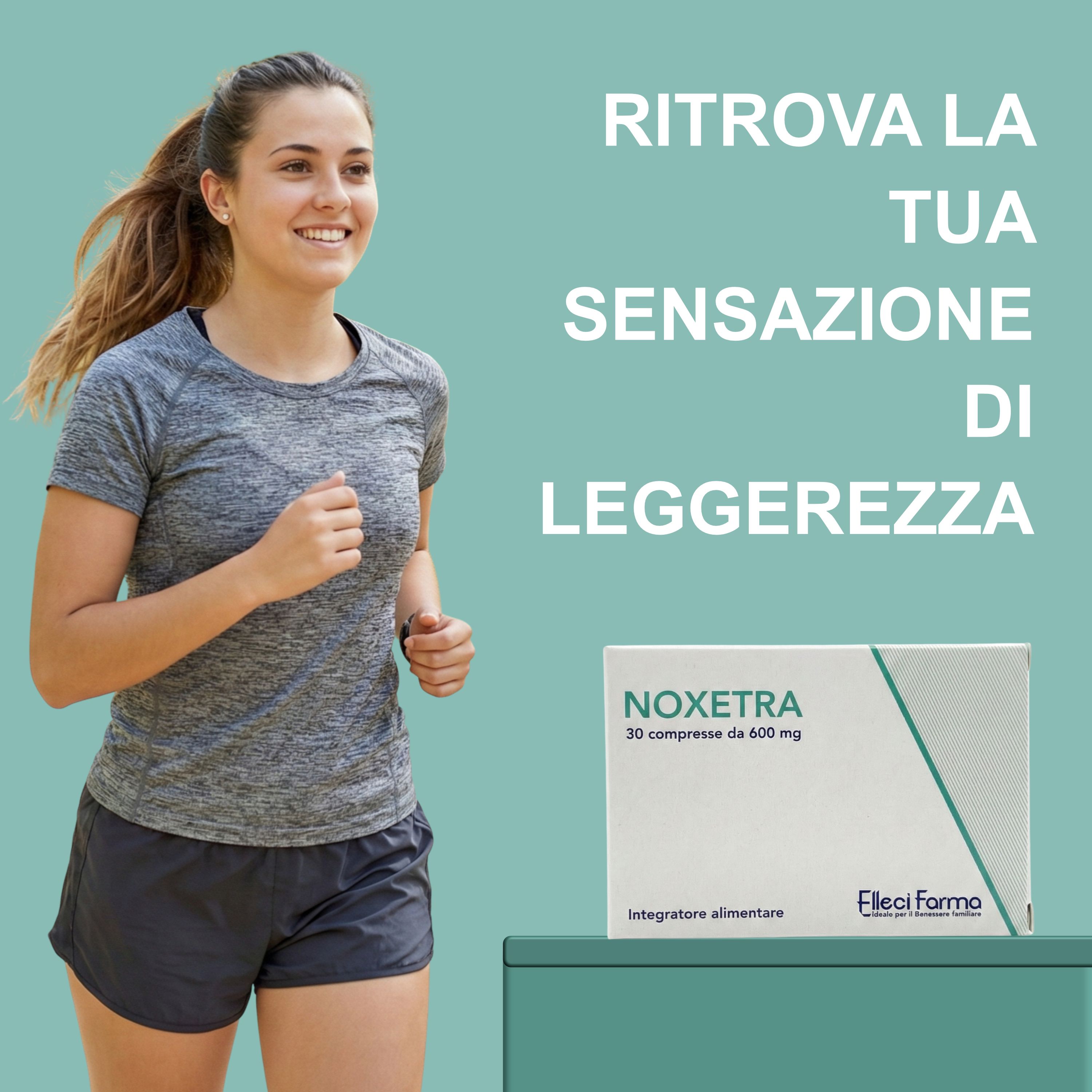 Giovane donna che fa jogging. Scatola NOXETRA, 30 compresse da 600 mg sullo sfondo. Logo Elleci Farma.