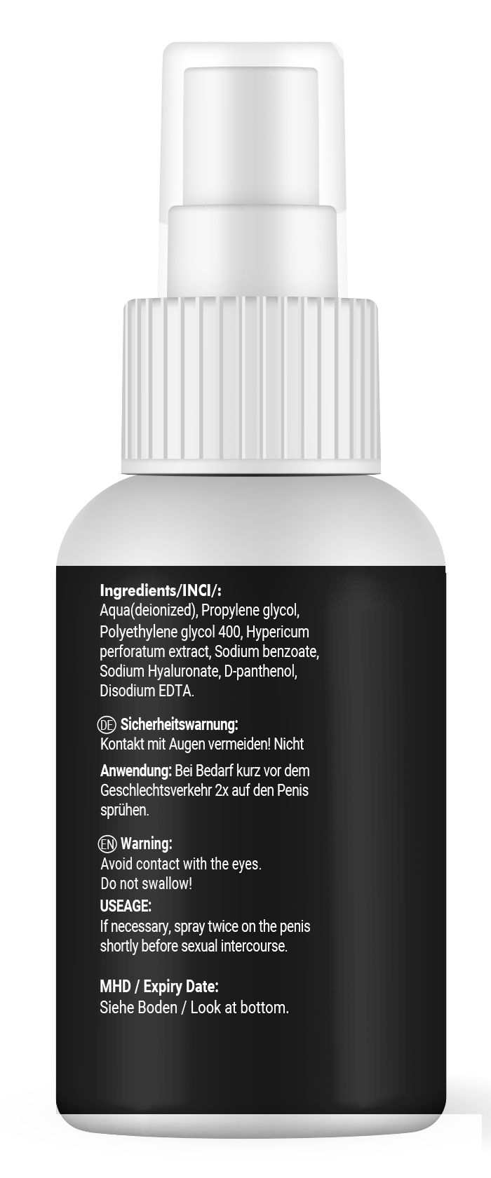 Retro di un flacone spray bianco con etichetta nera. Contiene ingredienti e avvertenze. Scadenza: Vedi fondo.