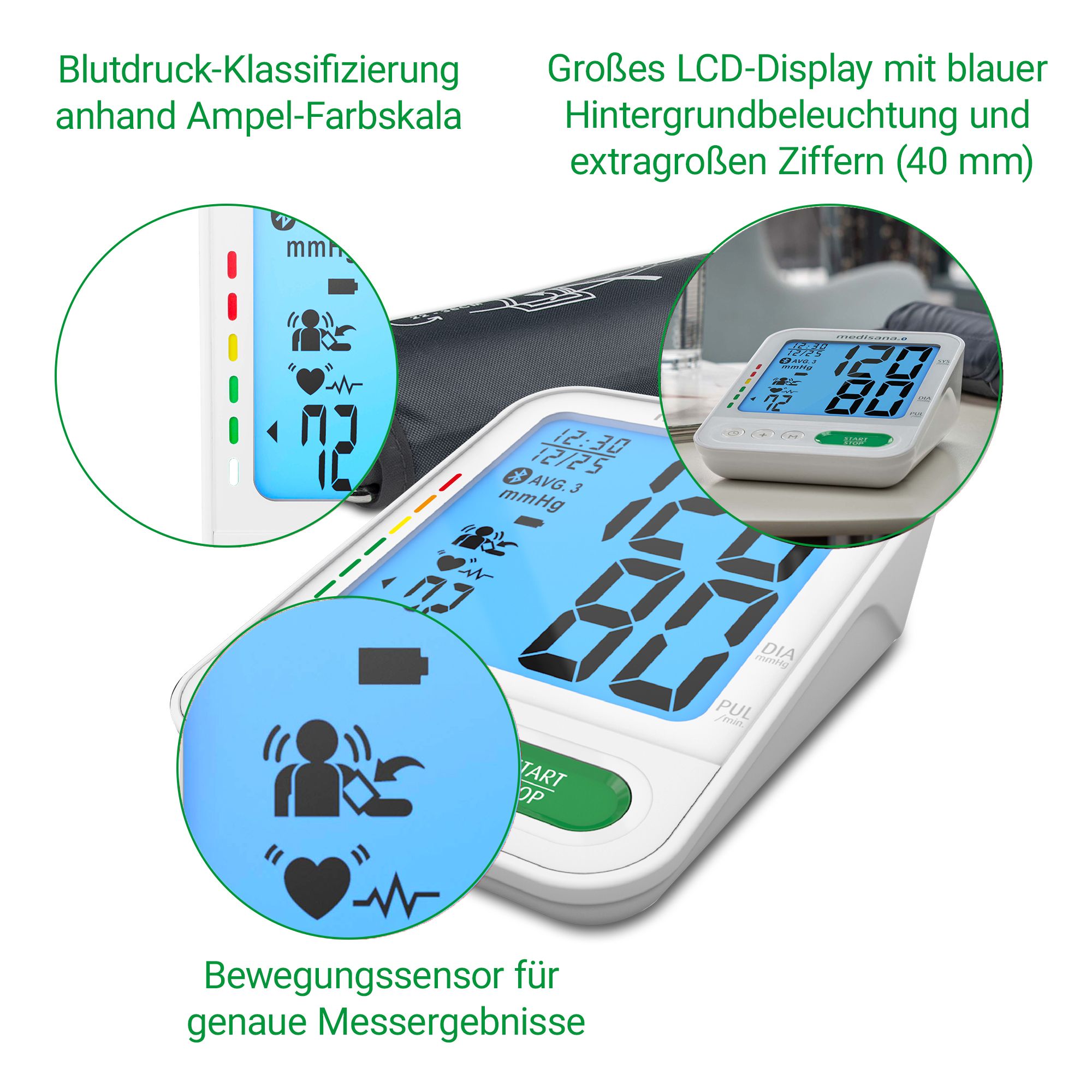 Misuratore pressione medisana: display LCD, scala semaforo, simbolo sensore movimento.