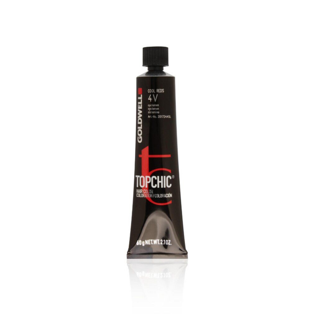 Tubo di tinta per capelli nero. Scritta: TOPCHIC, 4V, COOL REDS. Marchio: Goldwell. Contenuto: 60g.